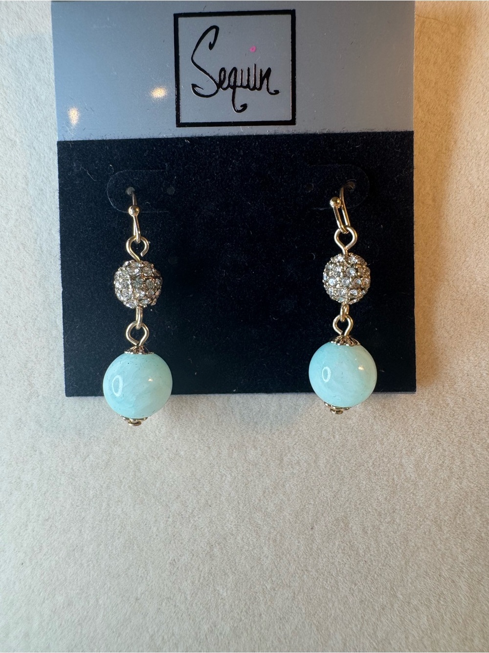 New Sequin Gold-Tone Light Blue Bead Drop Earrings